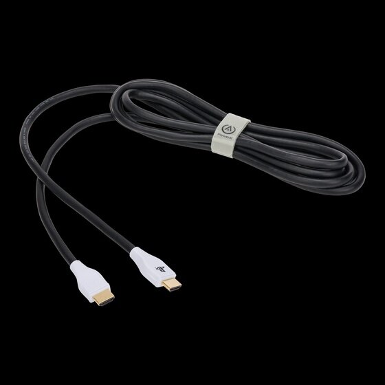Ultra High Speed HDMI Cable for PlayStation 5 coiled up on a black background