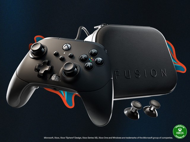 FUSION controller with black faceplate on a dark graffiti-laced background